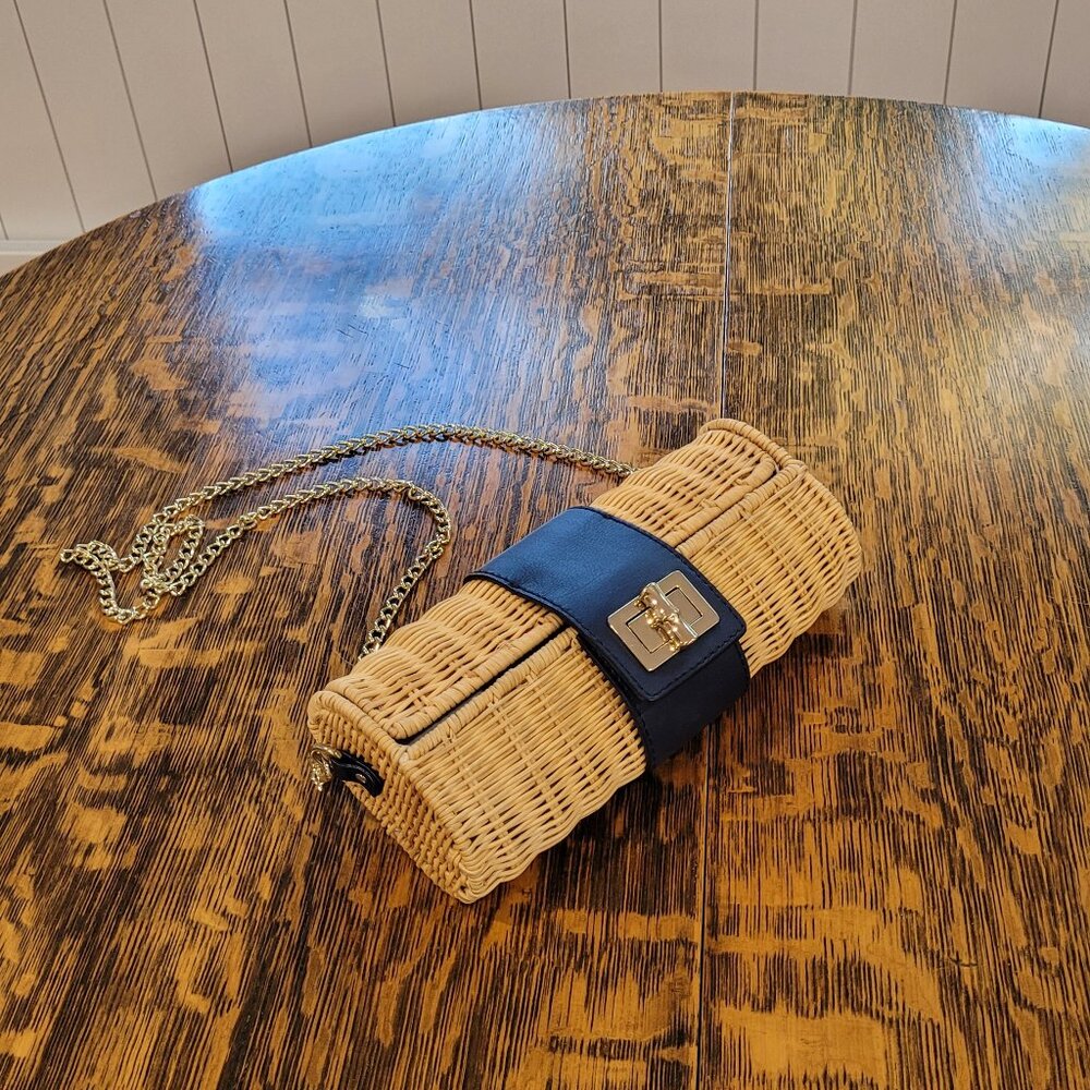 Like New Talbots Shoulder Bag. Leather Trim and Rattan. Gold-tone chain strap. - Picture 2 of 8